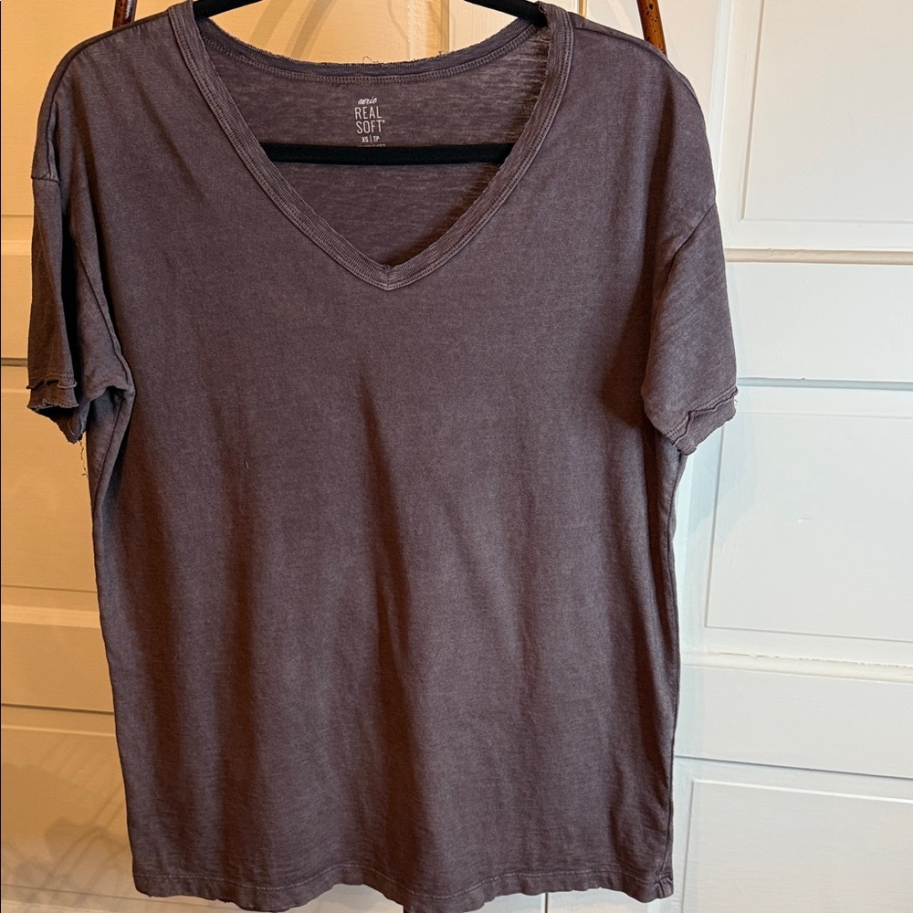 Aerie women’s oversized Real Soft V Neck Tee Gray Raw Edge Lightweight Basic XS
